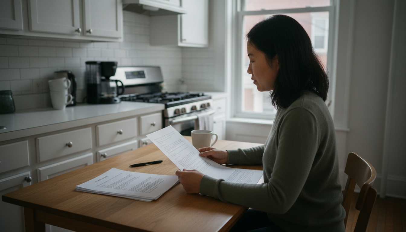 Boston tenant reading through her lease's subletting clause at the kitchen table before renting out a room.