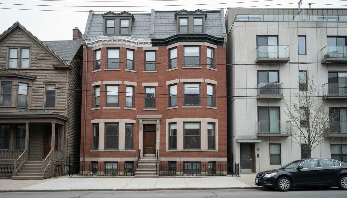 Boston triple-decker, pre-war brick building, and newer mid-rise apartment building shown side by side to compare construction types
