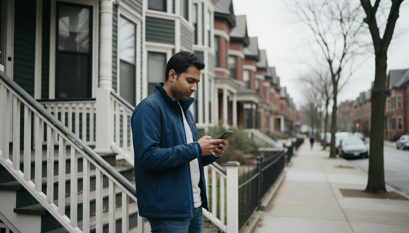 Renter checking apartment listings outside a Boston triple-decker near a T stop, weighing distance from transit against rent