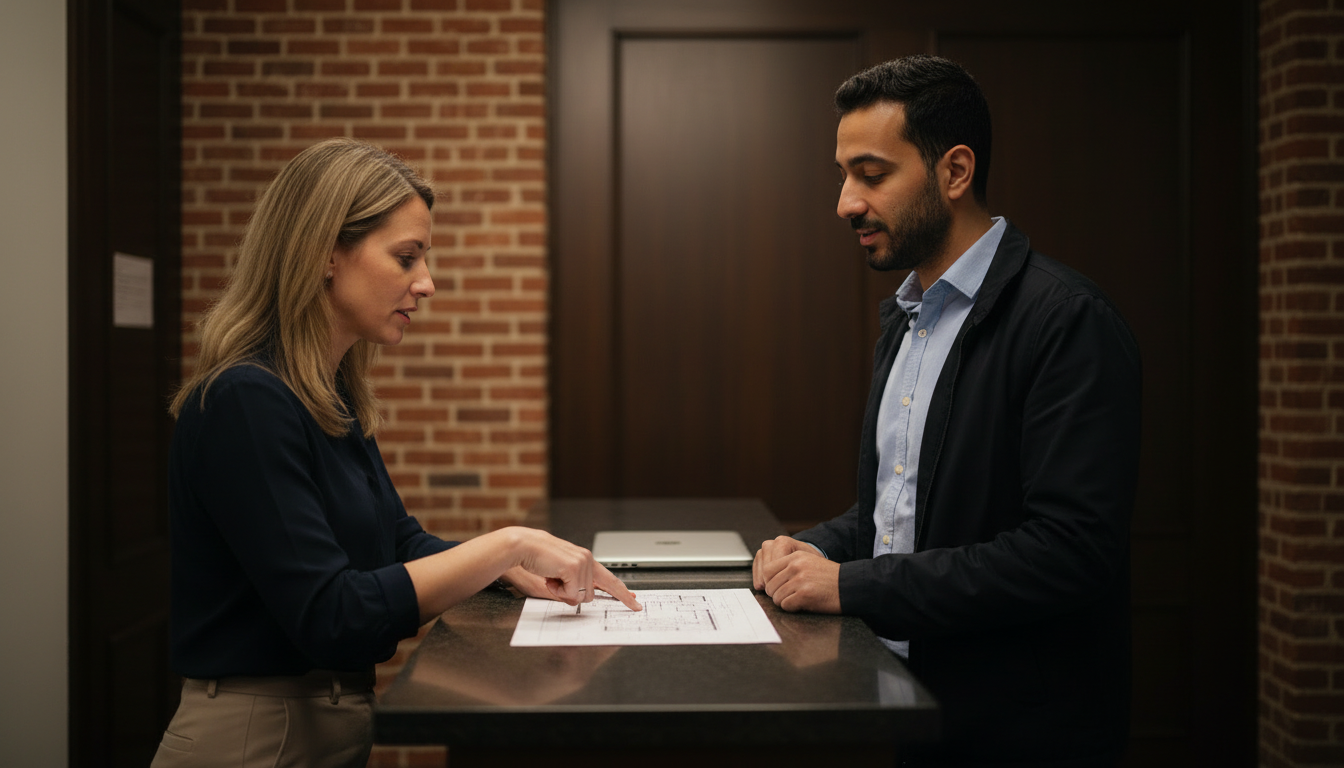 A renter and a Brookline leasing agent discuss at a counter whether an apartment's parking space is included in the rent.