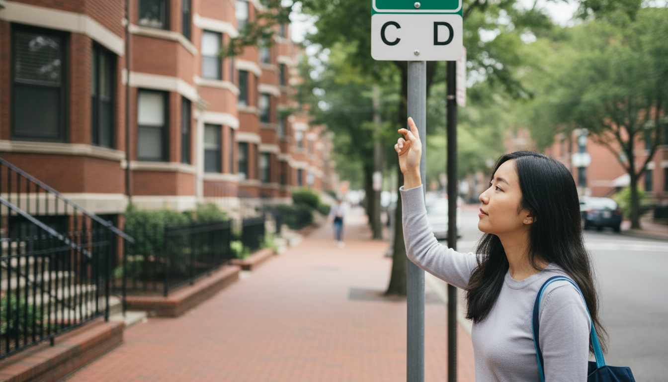 Renter checking Green Line C branch signage at a Beacon Street stop in Brookline, Massachusetts.