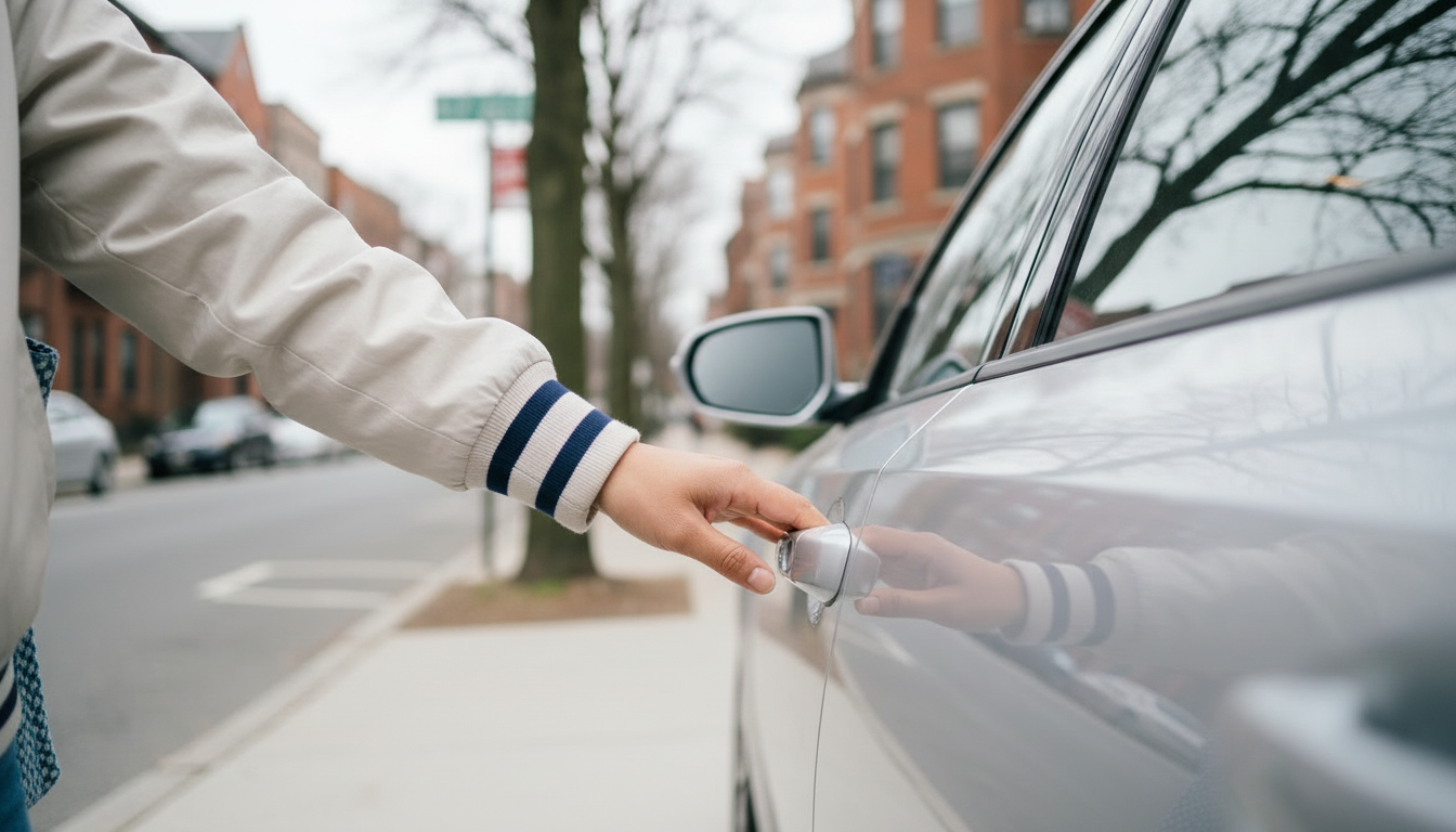 Close-up of a renter's hand on a parked car door handle on a Brookline residential street, a reminder to check overnight parking rules before signing