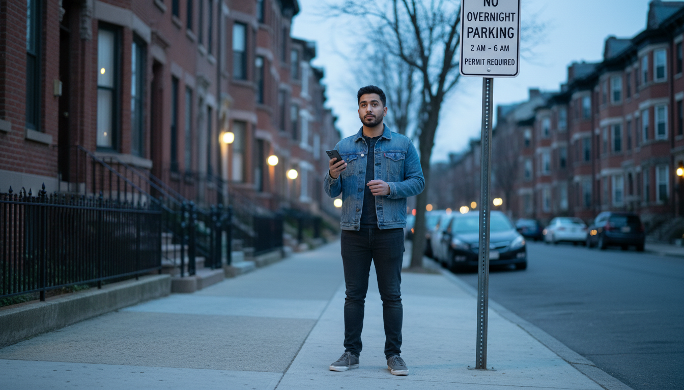 A renter checks a street sign in Brookline, where parking overnight on any street is banned from 2 a.m. to 6 a.m.