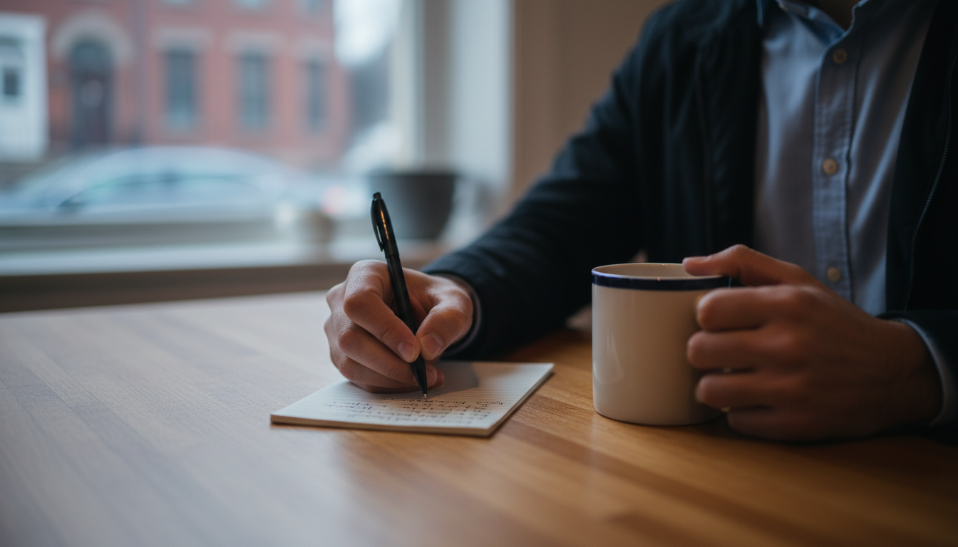 A renter's hands write a short checklist of parking questions to ask before signing a lease in Brookline.