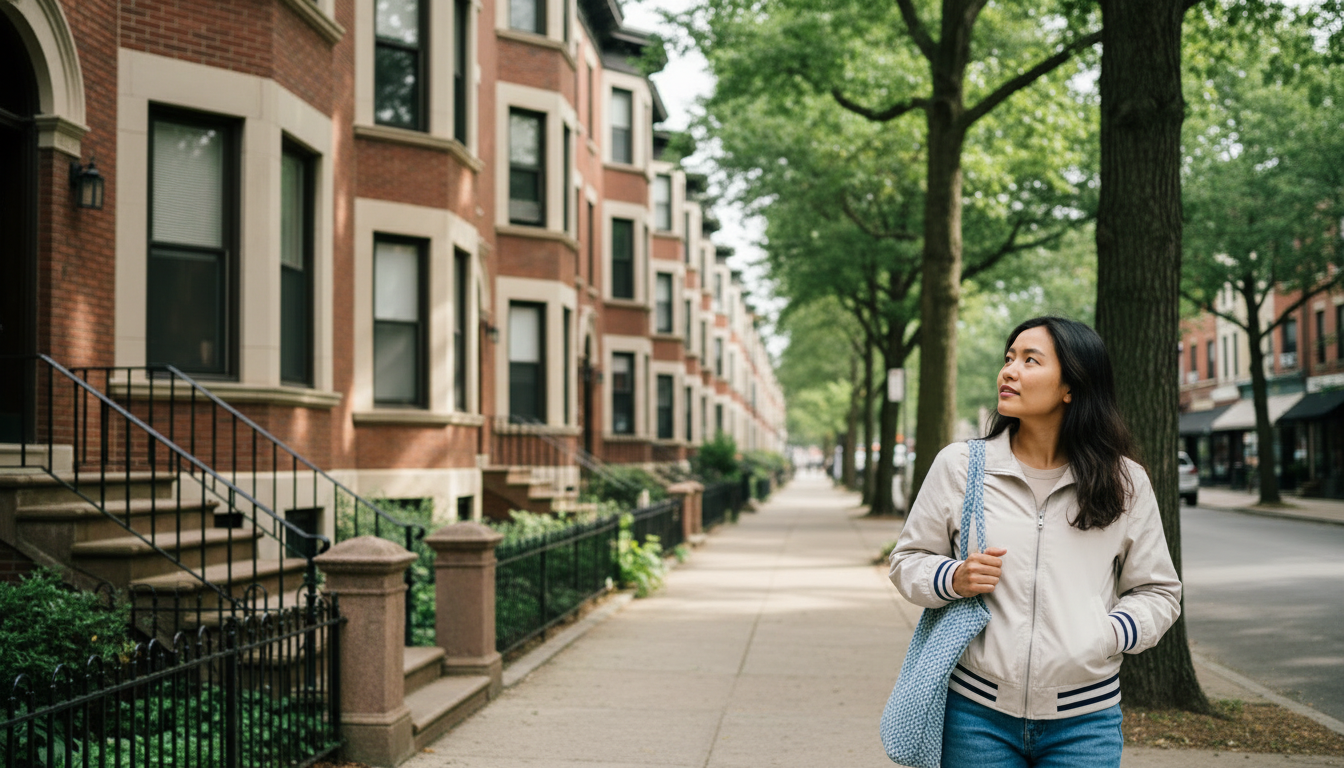 Renter walking a tree-lined Brookline street of pre-war brick apartment buildings, one of the neighborhoods renters compare