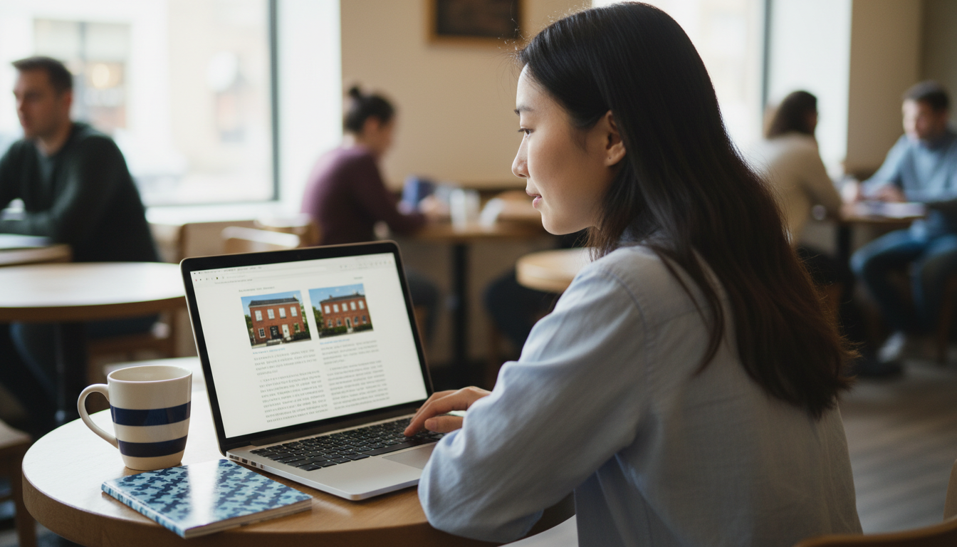 Renter comparing Brookline and Allston-Brighton apartment listings side by side on a laptop in a Boston café.