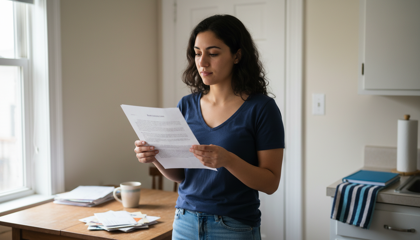 Boston renter reading a rent-increase notice letter at her kitchen table