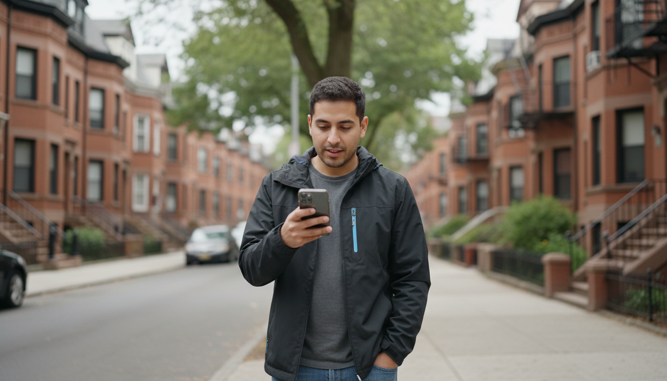 Boston renter checks his phone on a tree-lined sidewalk lined with brick apartment buildings.