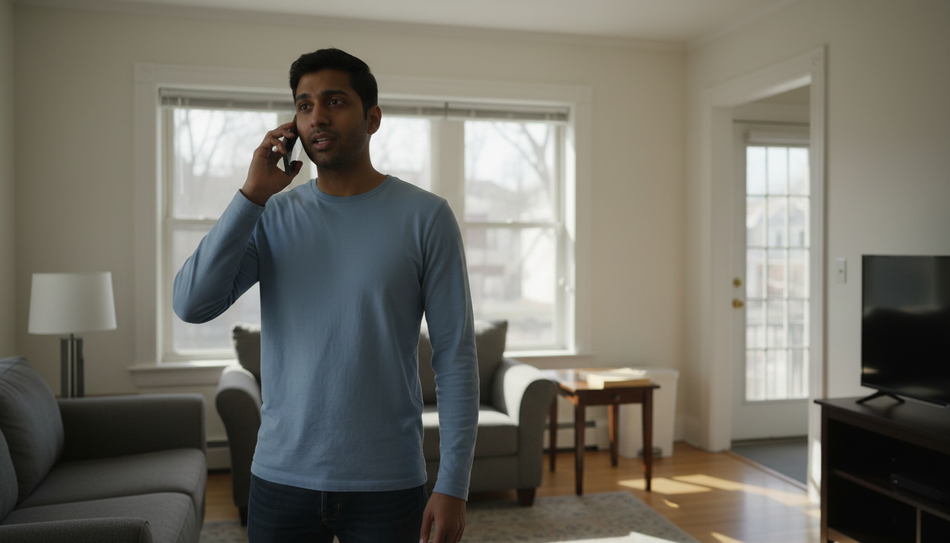 First-time Boston renter on a phone call in his living room, discussing a cosigner arrangement with a family member before signing.