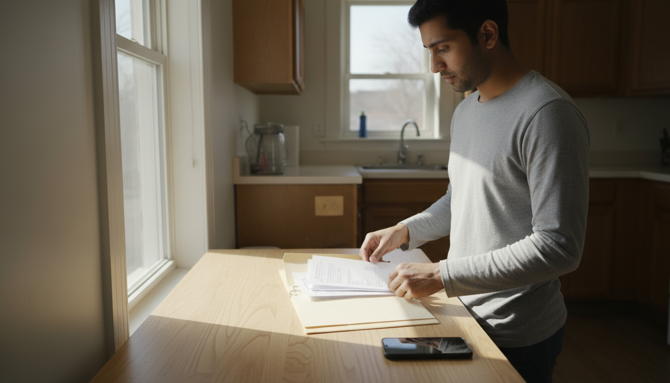 First-time renter in a Boston apartment sorting printed pay stubs and a utility bill into a folder to substitute for a landlord reference.
