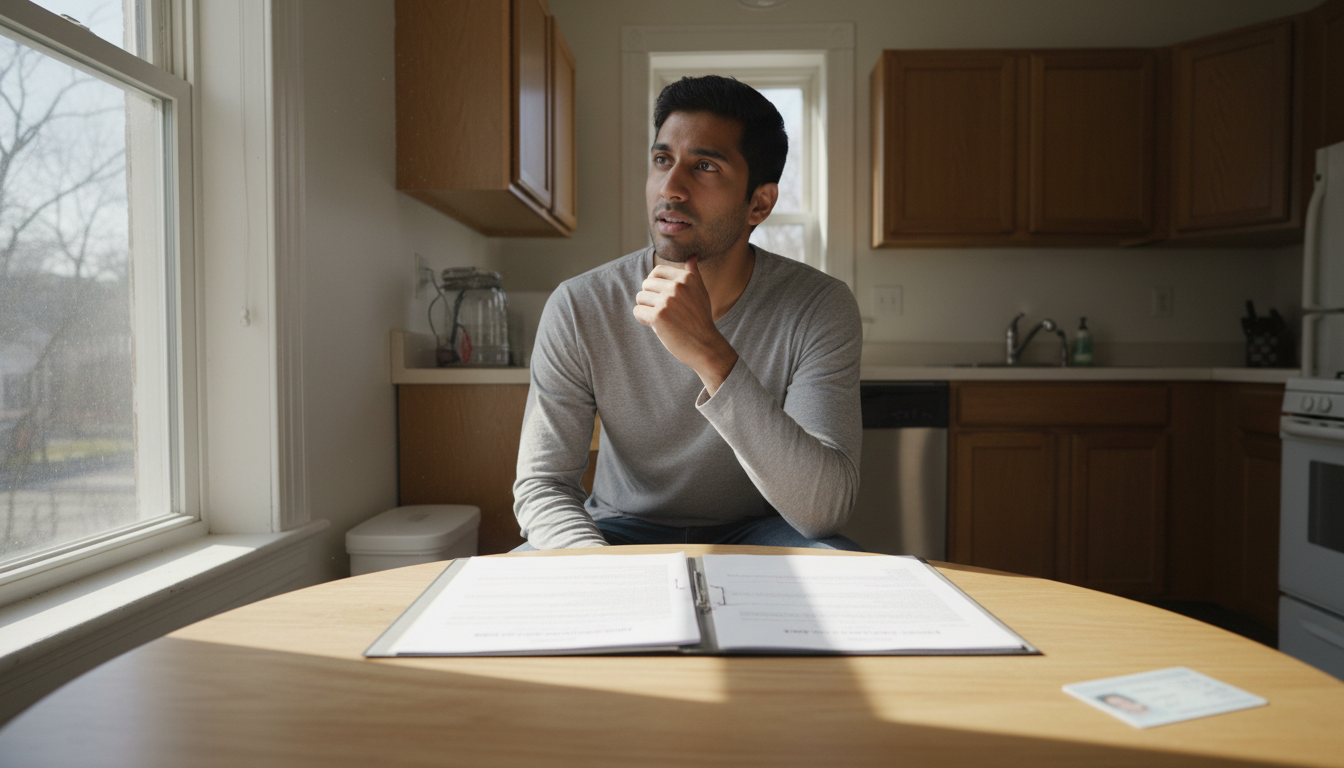 First-time Boston renter reviewing a slim folder of application documents and ID at a kitchen table before applying with no rental history.