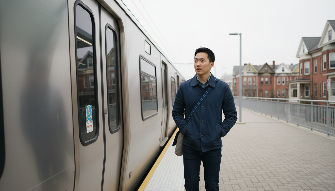 Renter waiting to board a Green Line train on a Somerville platform, brick triple-deckers lining the street behind