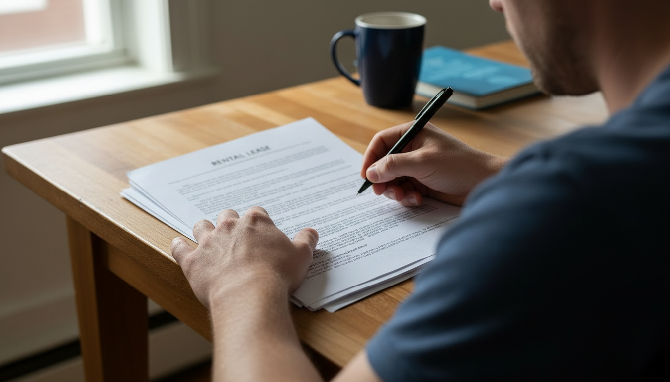 A renter's hands reviewing rental paperwork with a pen at a Boston kitchen table, representing the Request for Tenancy Approval step in the voucher process