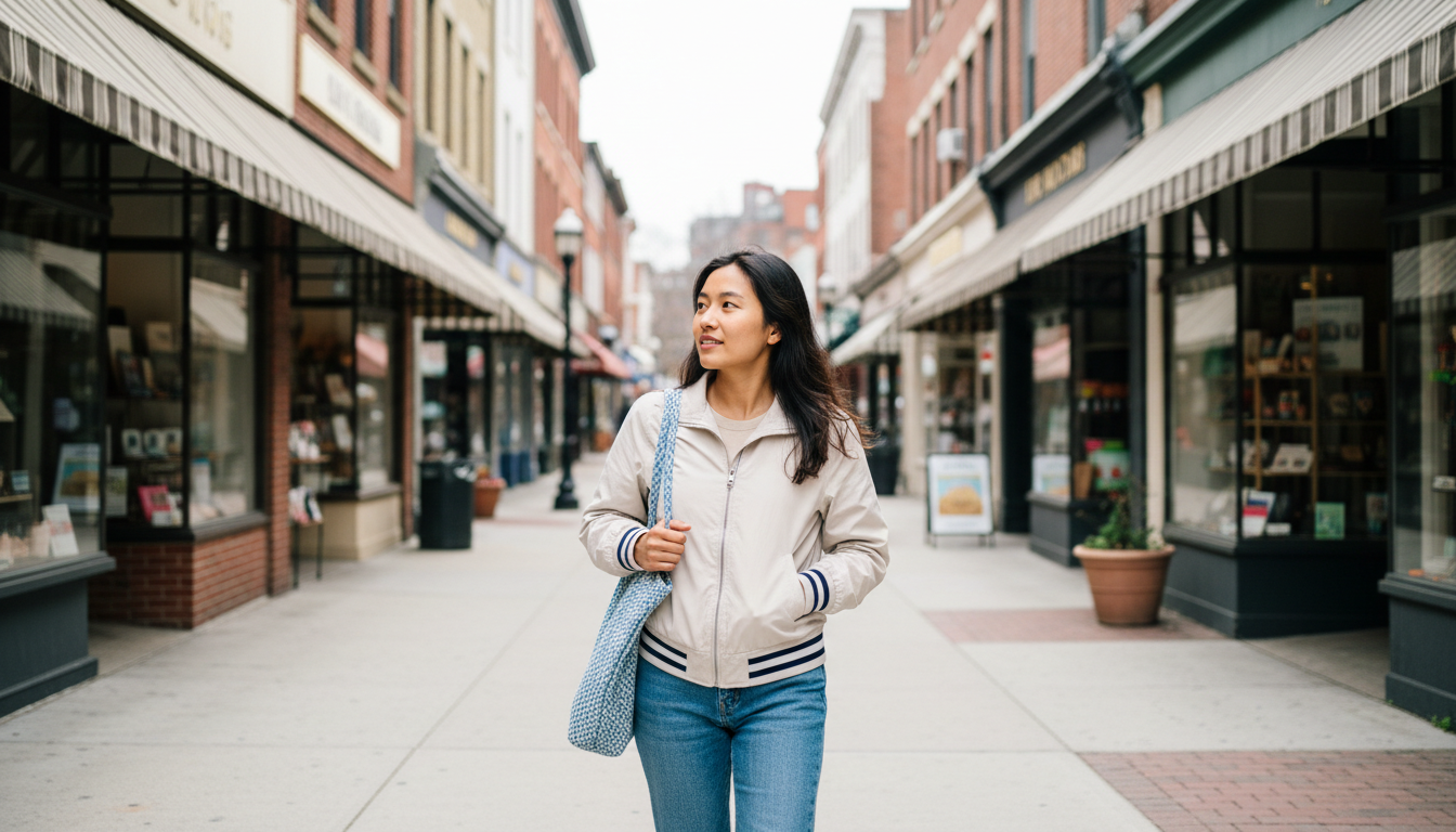Renter walking past Coolidge Corner storefronts on Beacon Street, illustrating what renting in Brookline, MA is like