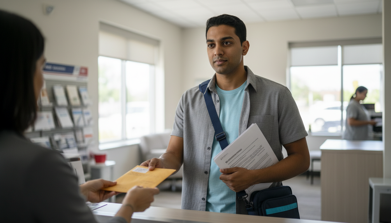 Boston renter mailing a certified letter requesting his security deposit back at a post office counter.