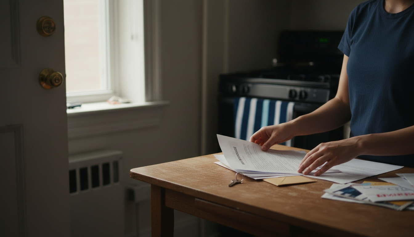 Close-up of hands sorting an opened rent-increase notice and envelope on a table by the door