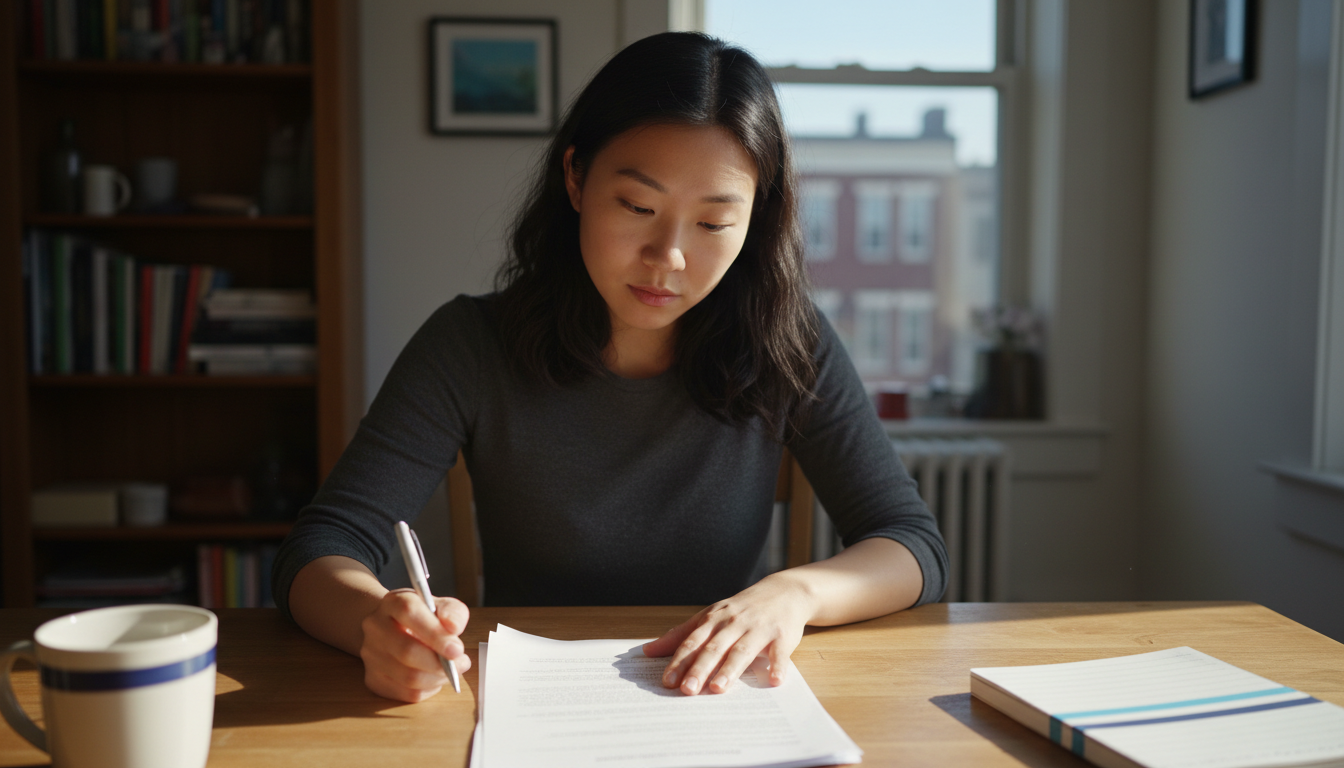 Boston renter reviewing a paper apartment lease at her kitchen table, checking a clause against Massachusetts tenant law.