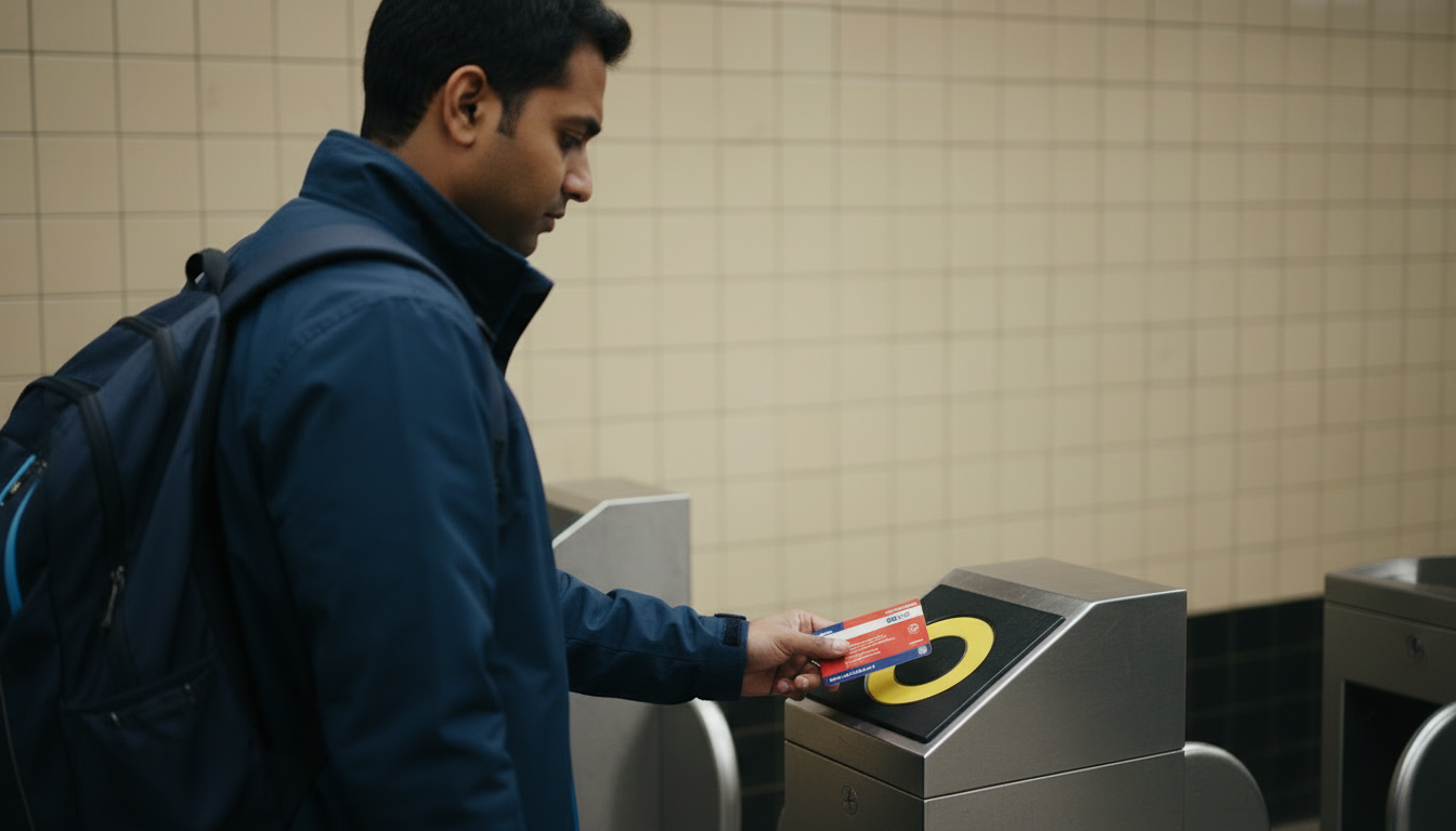 Renter tapping a CharlieCard at an MBTA turnstile, illustrating the per-ride fare used in the pass break-even math