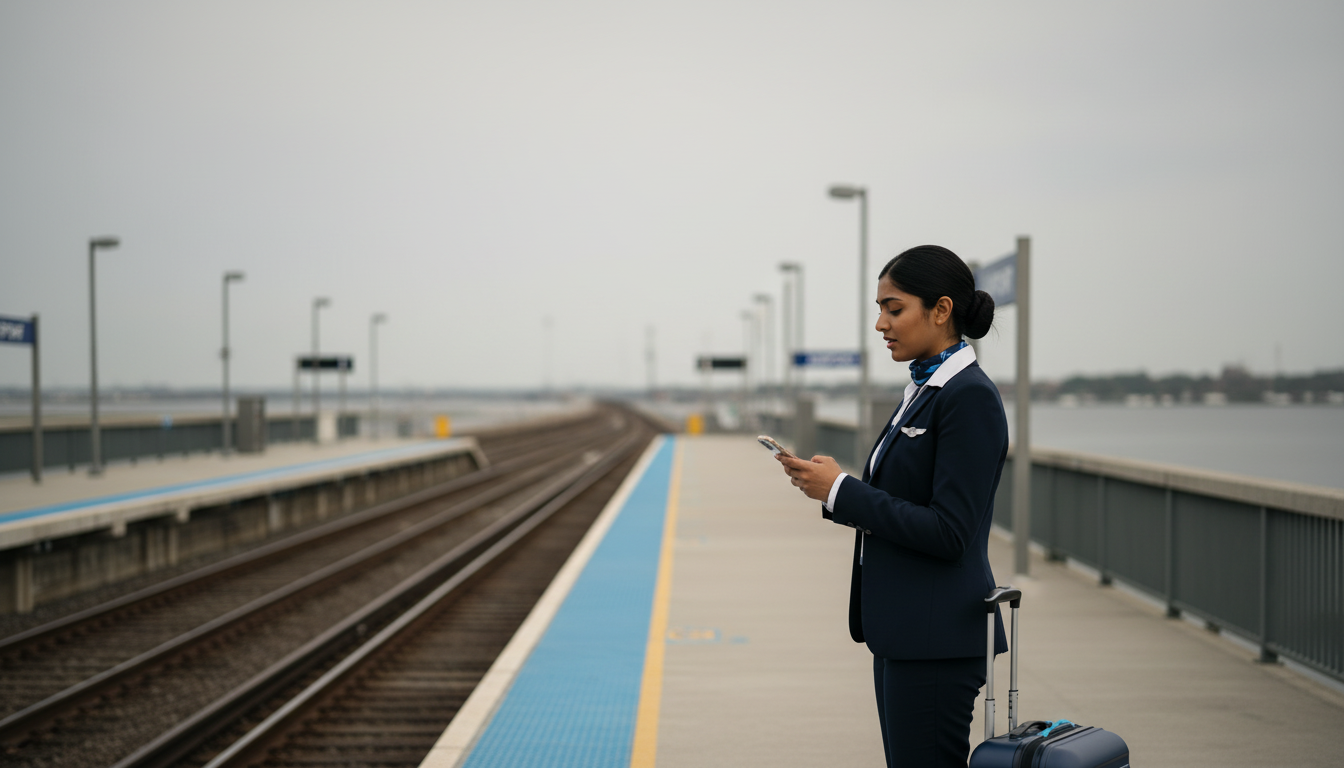 A South Asian renter stands alone on an empty Blue Line platform at Airport station in the grey early morning, before MBTA service to Logan Airport resumes.