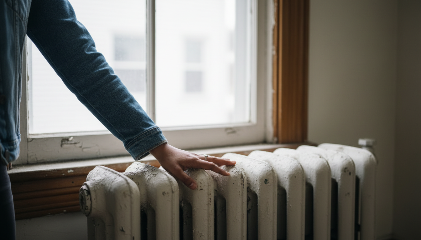 Close-up of a renter's hand resting on an old cast-iron radiator in an older Newton, MA apartment with an original window nearby.