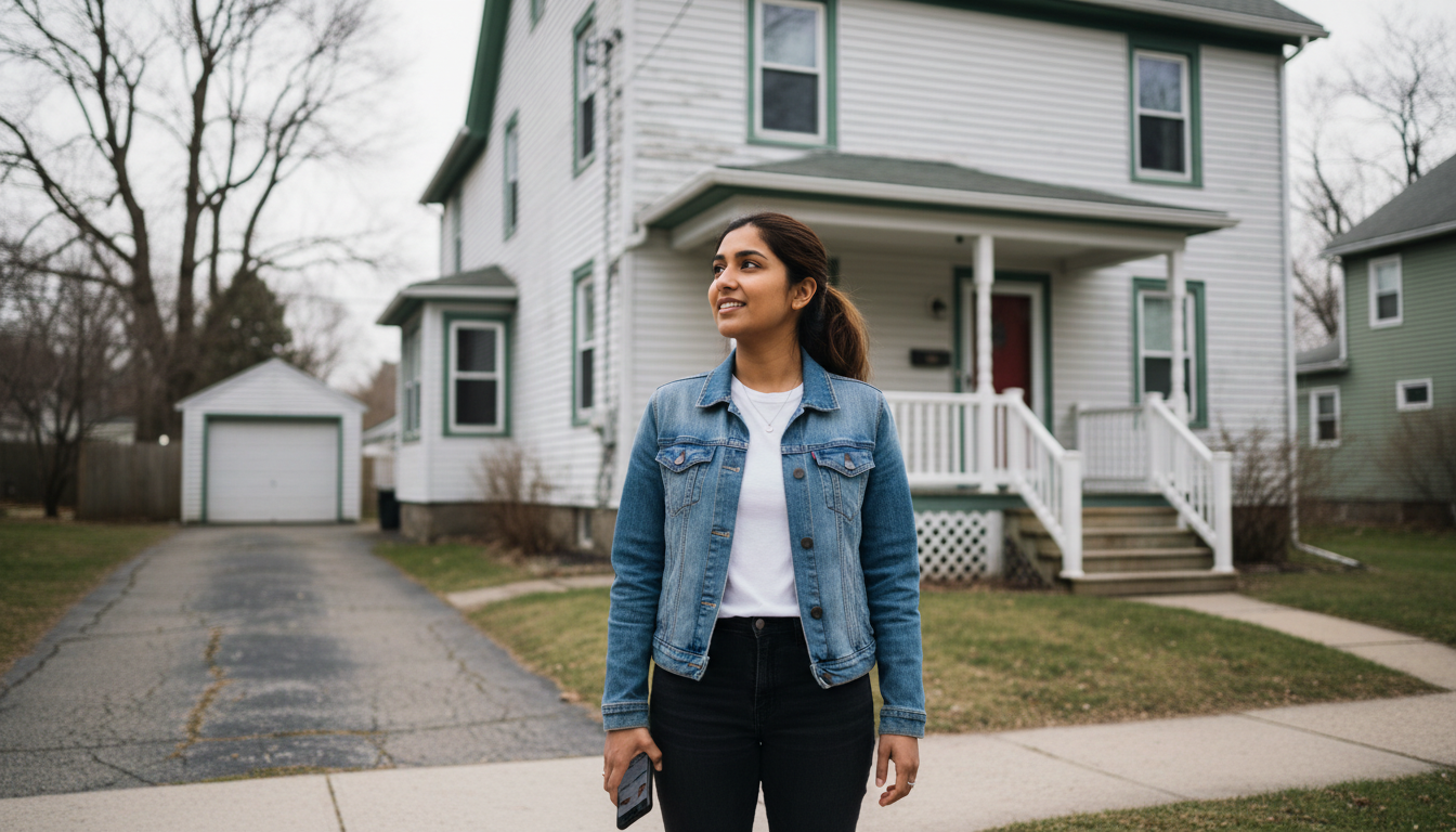 Renter standing outside a Newton, MA two-family home while apartment hunting in a village neighborhood.