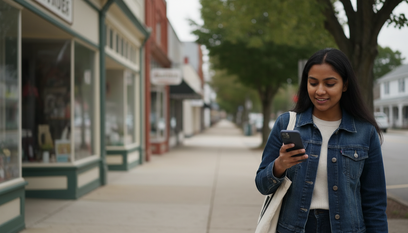 Renter walking through a Newton, MA village center near Green Line D station access while checking directions on her phone.