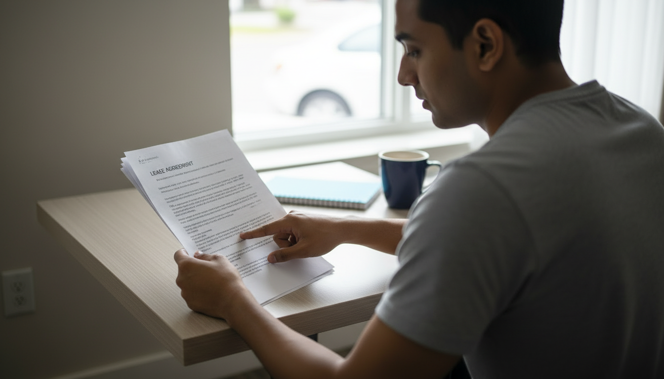 Boston renter reading the casualty clause in his printed lease agreement at a neighborhood café table.