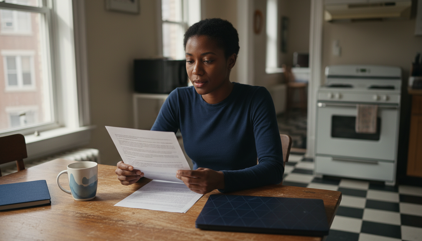 Boston renter calmly reviewing a printed adverse action notice at a kitchen table