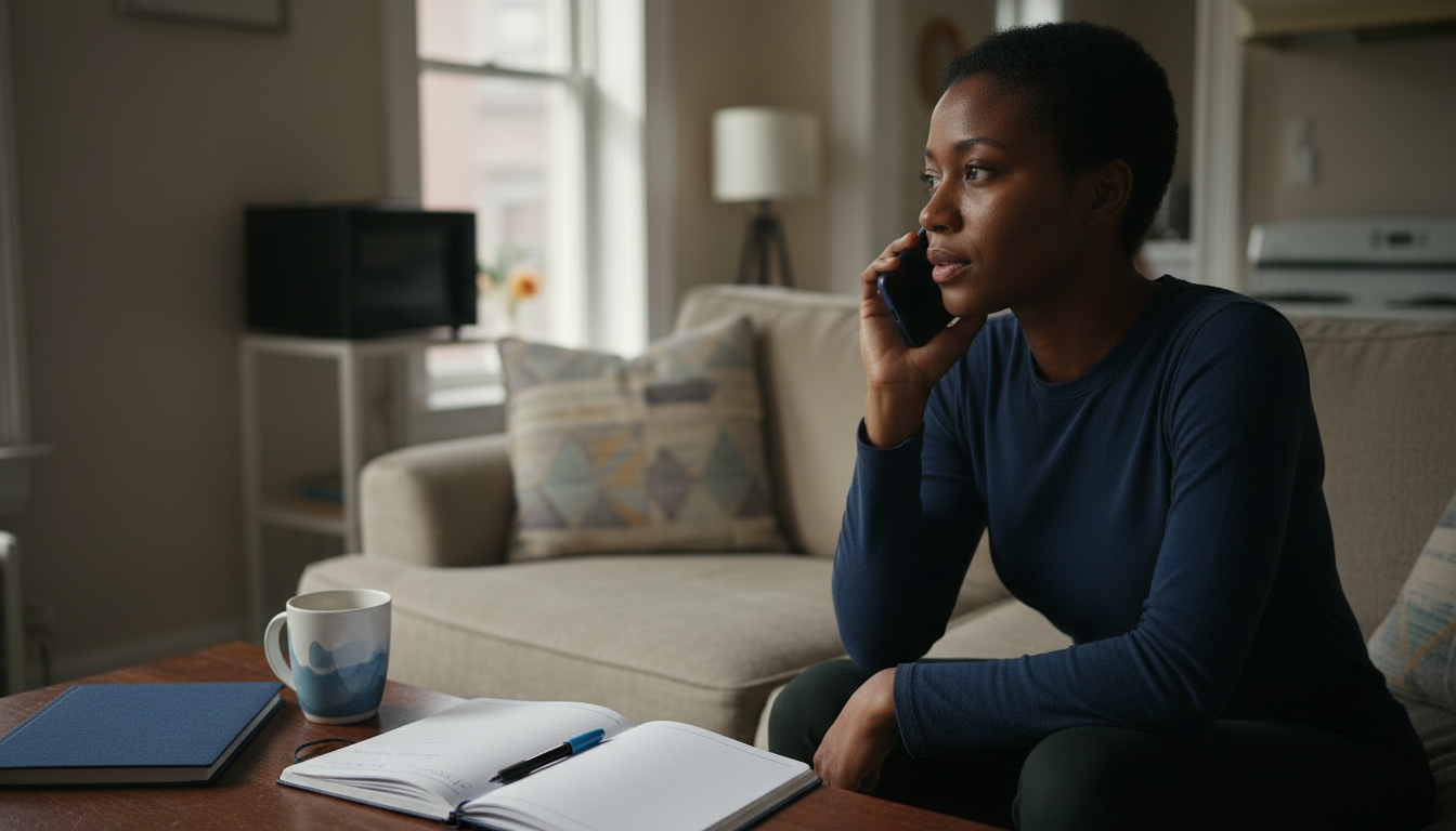 Boston renter on a phone call requesting the free copy of the screening report that caused a rental denial, notepad open on the coffee table