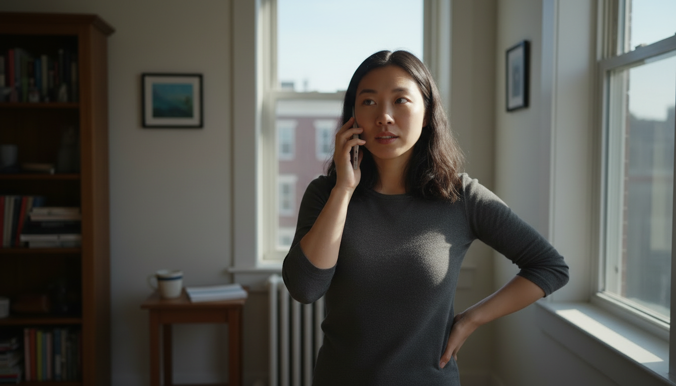 Boston renter calmly on the phone with a tenant advice line, asking about a void lease clause instead of acting on it alone.