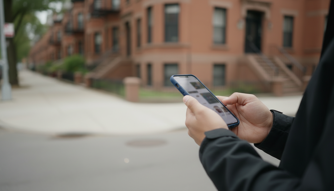 Close-up of a renter's hands scrolling an apartment listings app on his phone at a Boston street corner.