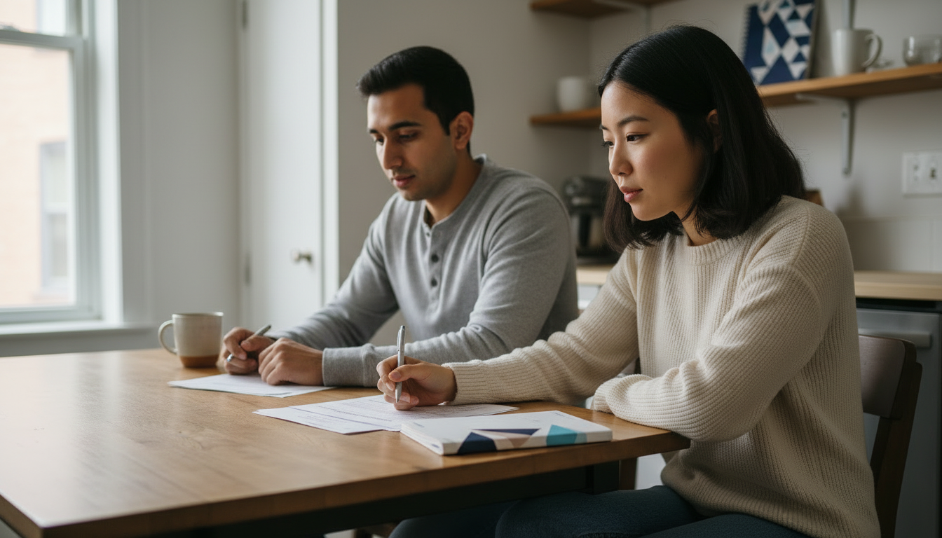 Two Boston roommates fill out their own separate rental applications side by side at a kitchen table.