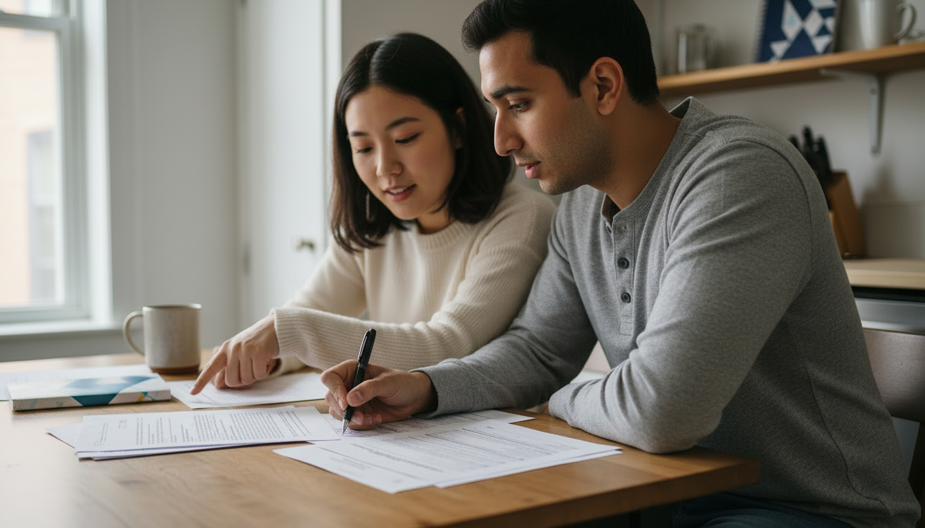 Two Boston roommates sign a shared lease together at their kitchen table, with the document's fine print visible up close.
