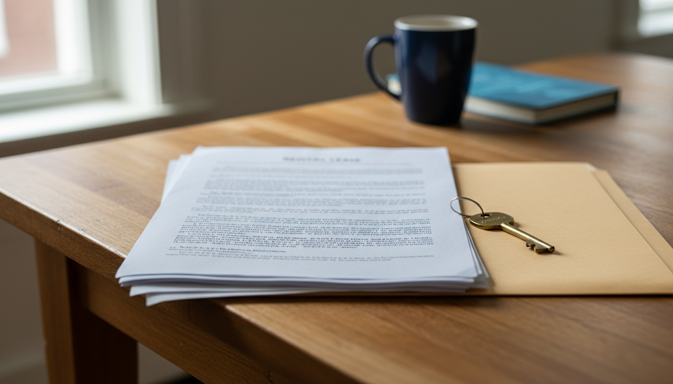 Lease document and apartment key on a table, representing Boston rental paperwork for a housing voucher