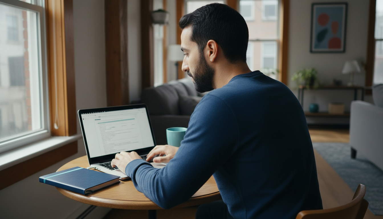 Self-employed freelancer working on a laptop at home reviewing a client invoice, illustrating why he has no employer payroll record for tenant screening