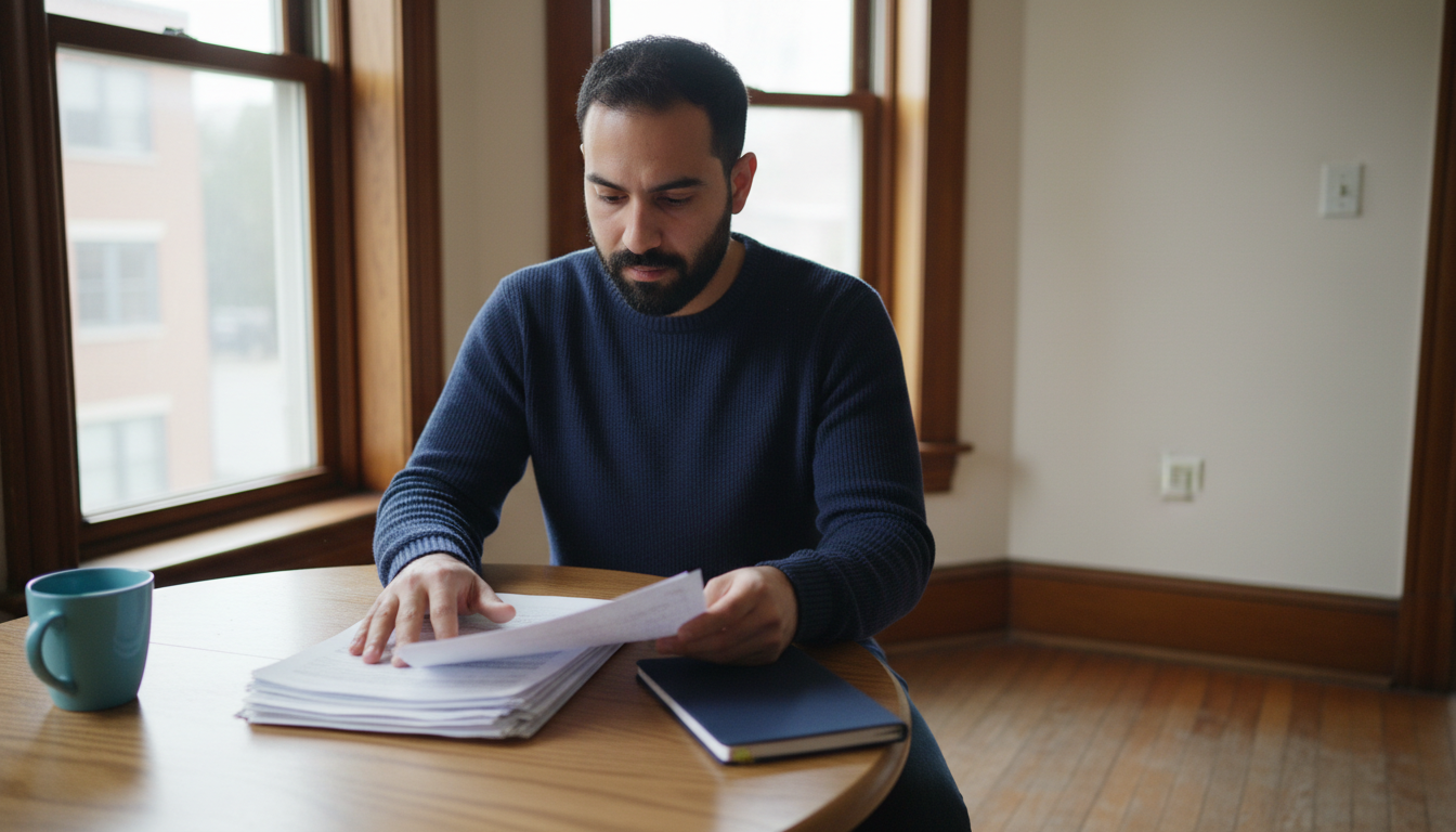 Self-employed Boston renter sorting tax returns and bank statements for a rental application at his kitchen table