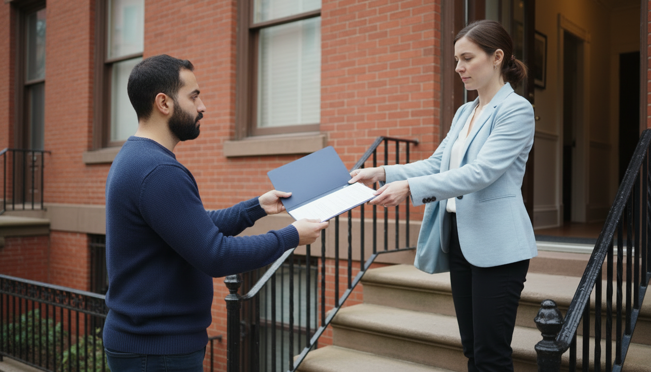Self-employed renter handing a folder of tax returns and bank statements to a leasing agent outside a Boston brownstone