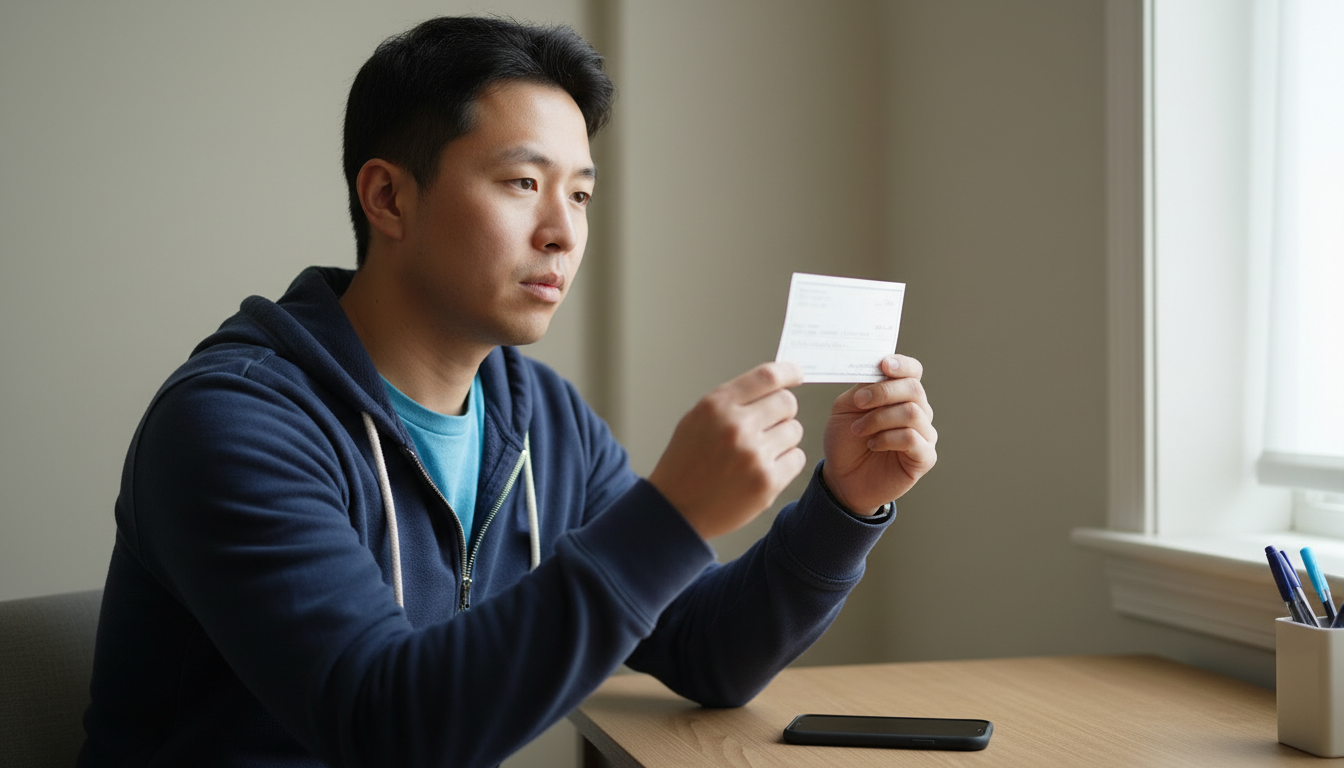 Renter pausing before sharing a photo of a rent check, holding it up to consider whether bank details can wait until the lease is signed.