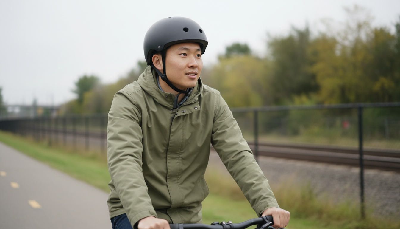 Renter cycling on the Community Path, the off-street route running alongside the Green Line Extension in Somerville