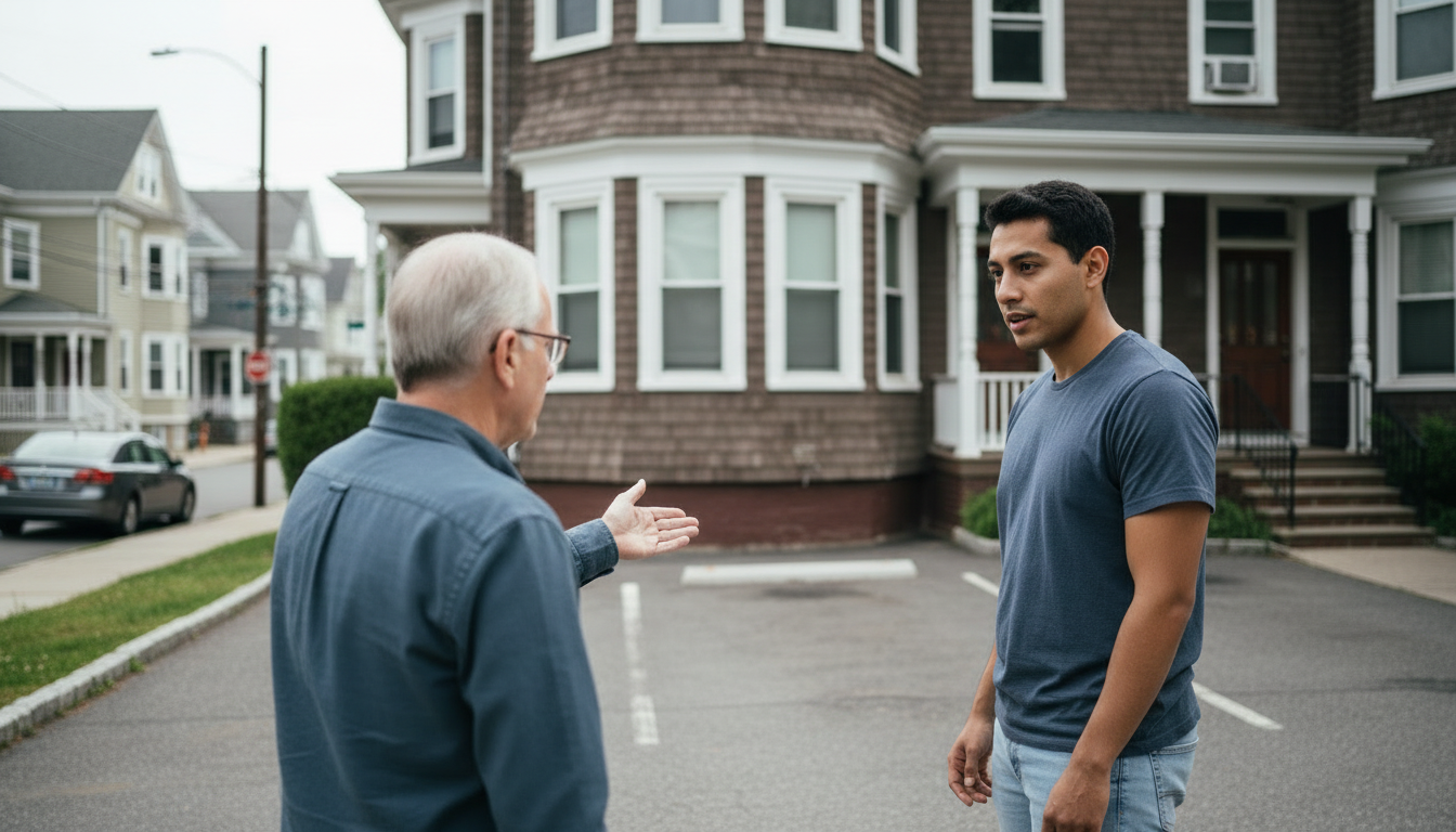 Somerville triple-decker landlord pointing out a driveway parking spot to a renter, a non-rent concession an individual owner can approve on the spot