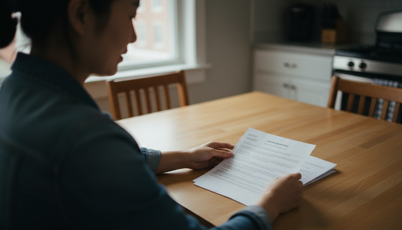 Hands sorting a vehicle registration and a signed lease on a kitchen table for a Somerville parking permit application