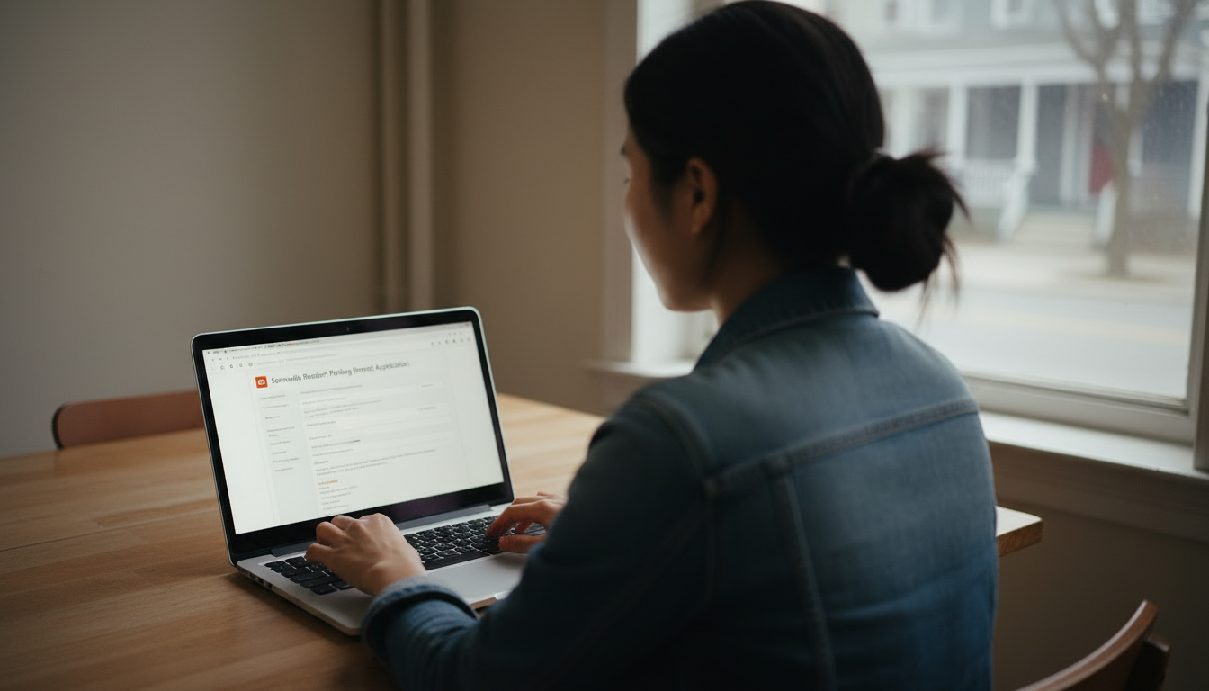 Somerville renter filling out a parking permit application online on a laptop at her kitchen table