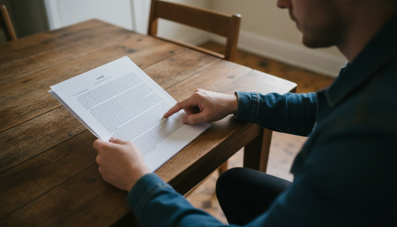 Renter's hands reviewing a lease document clause at a table in a Somerville triple-decker apartment