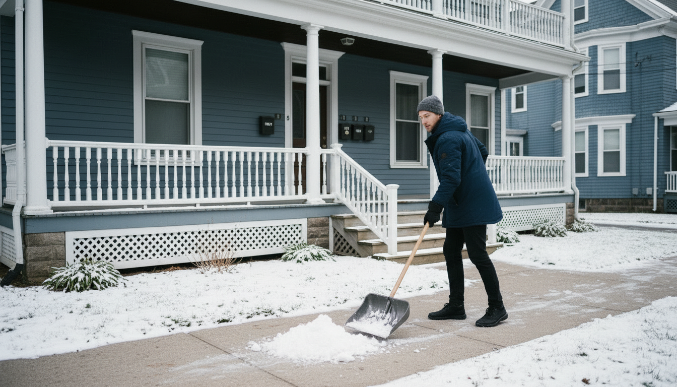 Renter shoveling snow off the sidewalk in front of a Somerville triple-decker in winter