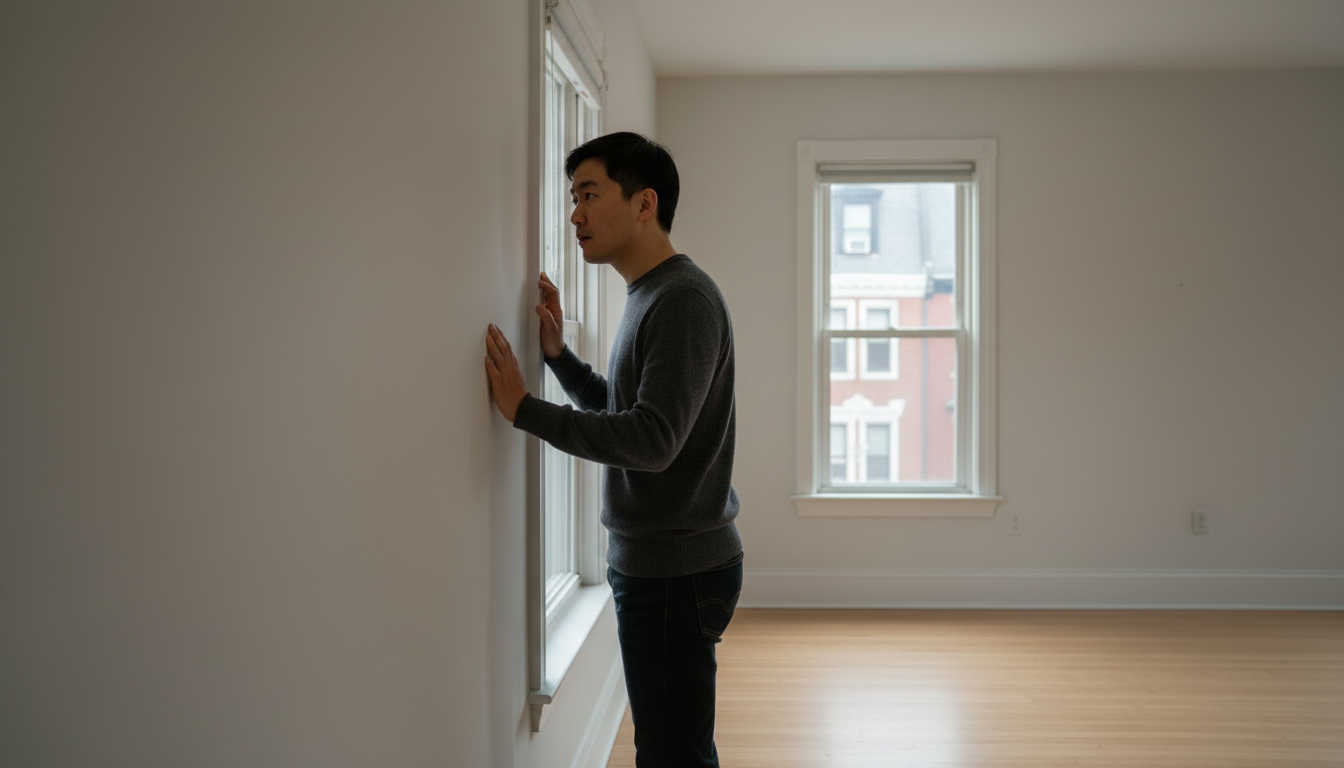 Renter listening near a shared wall during a Boston apartment viewing as part of a ten-minute quiet check before signing
