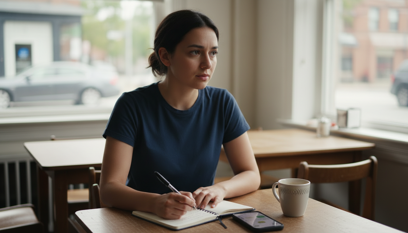 Renter writing notes in a notebook at a cafe table, with a phone and coffee beside her