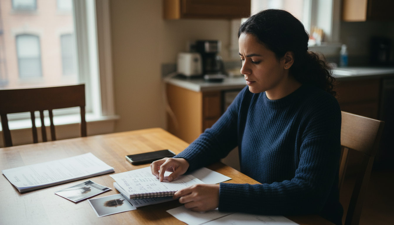 Renter at a kitchen table gathering a lease, dated notes, and photos before calling about a Boston landlord problem.