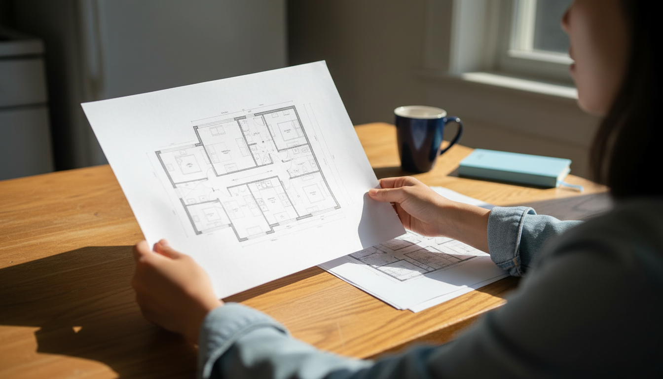 Close-up of a renter's hands holding a printed apartment floor plan at a kitchen table in Allston