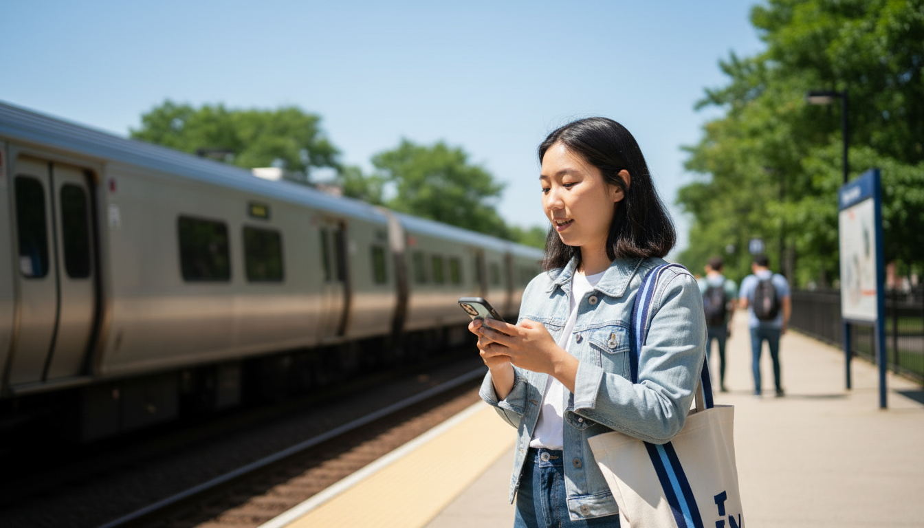 A renter waits on an outdoor commuter rail platform near Boston Landing, with a train blurred in the background