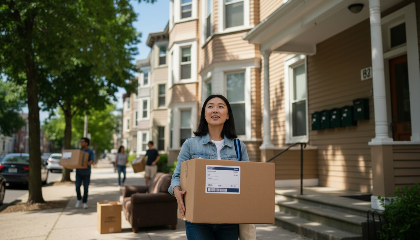 A renter carries a moving box up the porch steps of a triple-decker in Allston on September 1, with other movers nearby